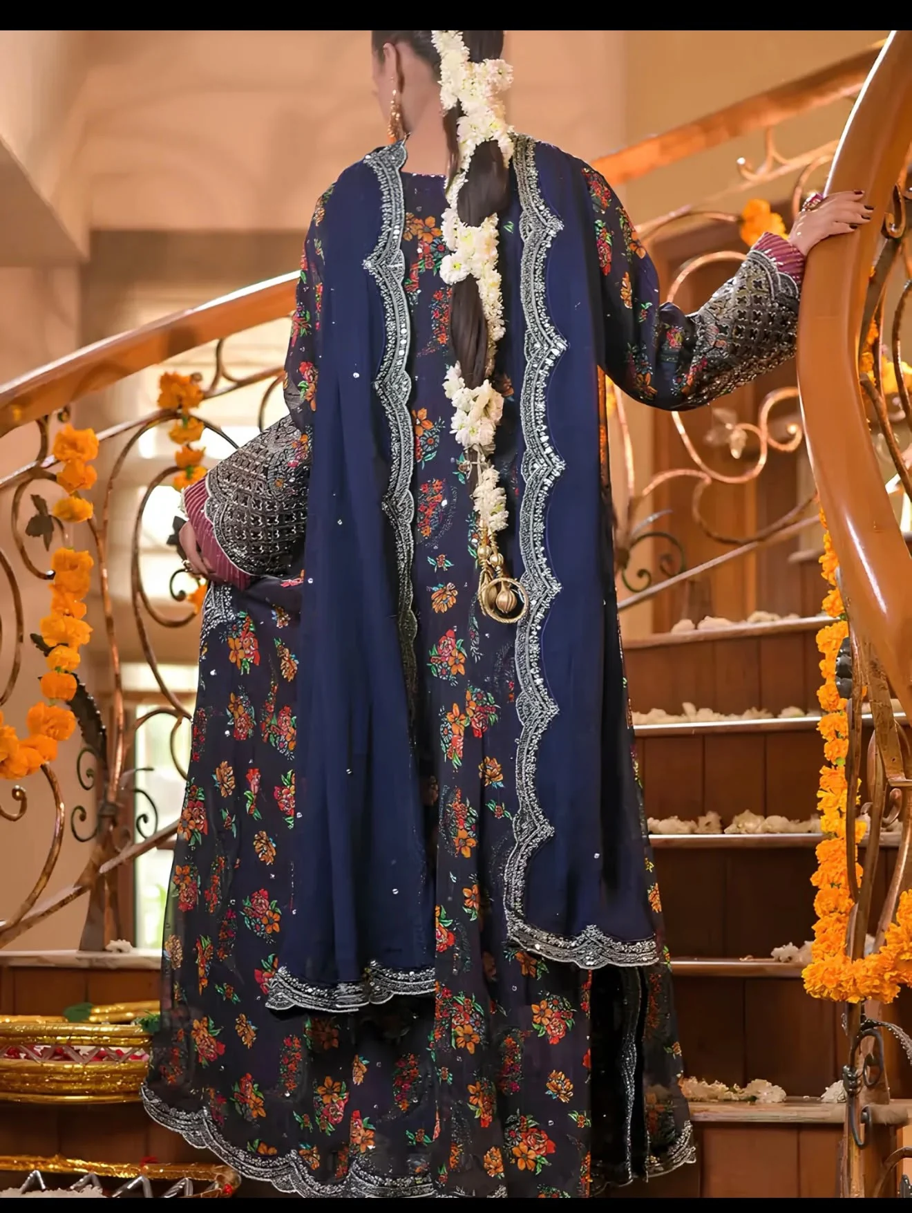 Navy floral women’s Pakistani formal dress