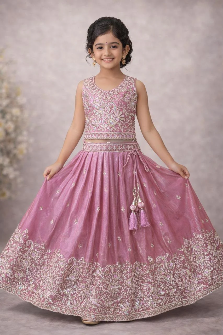 Blush pink and silver kids’ lehenga