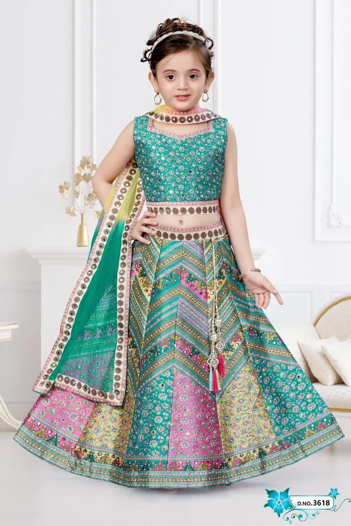 Emerald, mint and pink kids’ lehenga