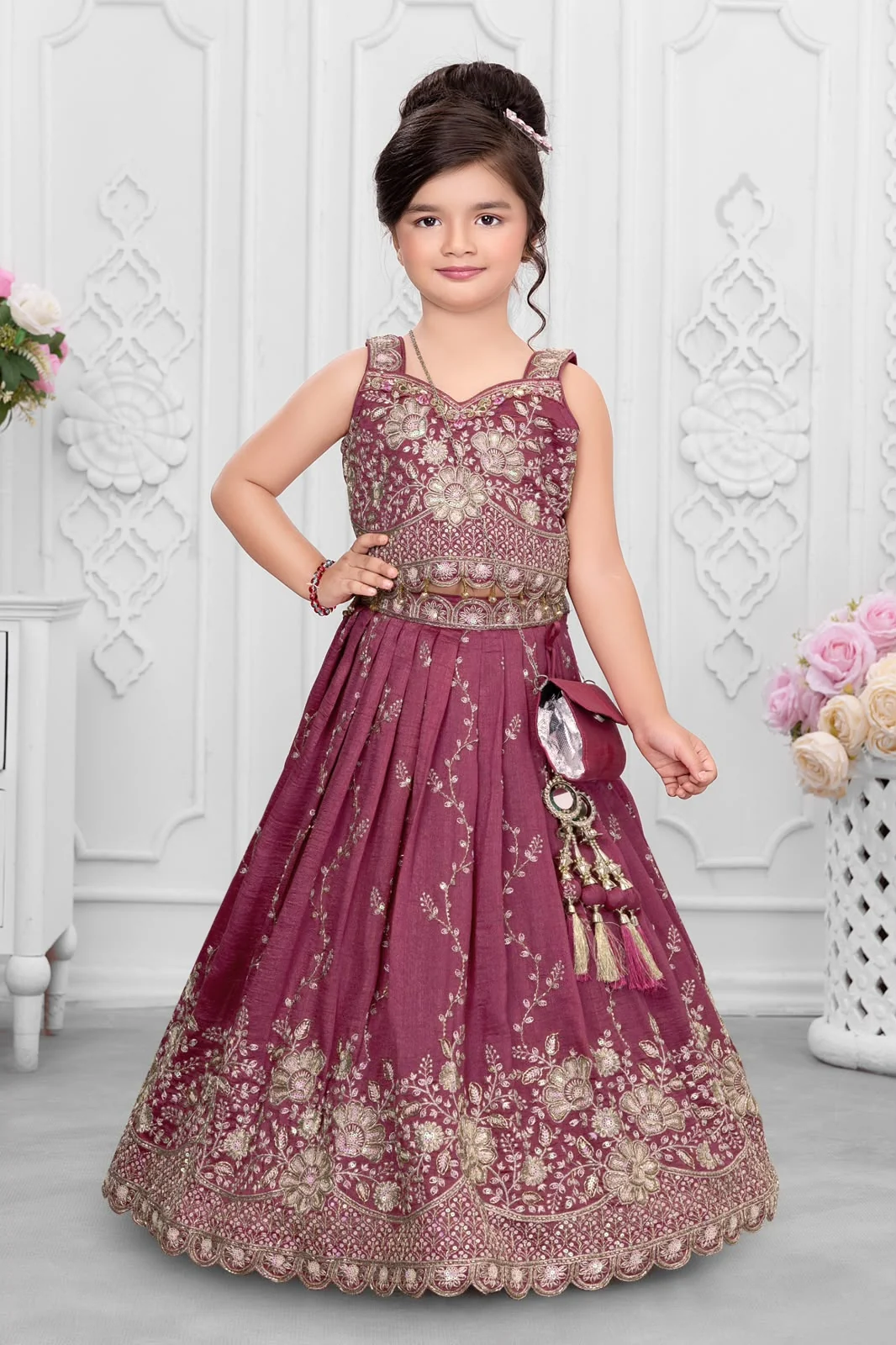 Mauve kids’ embroidered lehenga